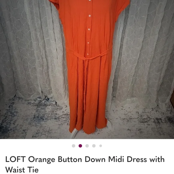 LOFT Orange Button Down Midi Dress with Waist Tie - Picture 2 of 6